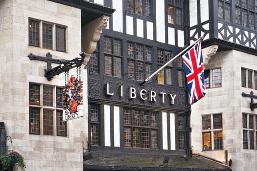 London, United Kingdom - February 01, 2019: Sign on Tudor stylised building Liberty's. It's department store in Great Marlborough Street selling clothes and accessories. Liberty was founded 1875