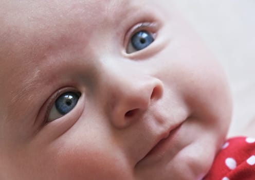 Infant baby boy, closeup detail on face with bright blue eyes
