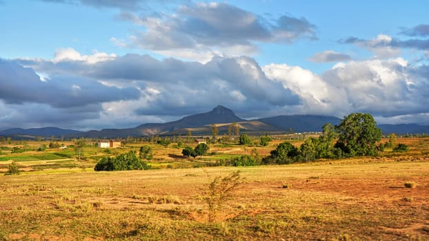 Typical Madagascar landscape - green and yellow rice terrace fields on small hills with clay houses in distance - Andringitra region near Sendrisoa