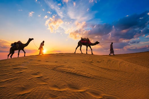 Indian cameleers camel drivers bedouin with camel silhouettes in sand dunes of Thar desert on sunset. Caravan in Rajasthan travel tourism background safari adventure. Jaisalmer, Rajasthan, India