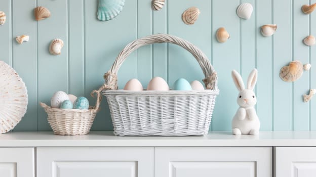 Bright coastal Easter decor showcases a wicker basket of pastel eggs with a bunny figurine and seashells, all set against a calming blue, ideal for a beach house vibe.