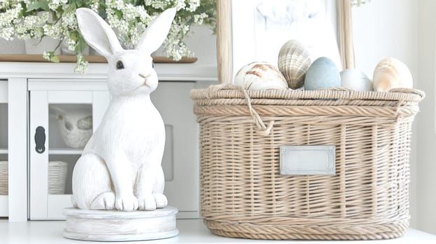 Wicker basket filled with decorative eggs alongside a charming Easter bunny figurine set in a coastal style environment, perfect for beach house decor and seasonal festivities.