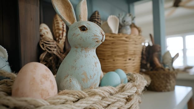 Bright coastal style Easter decor showcases a decorative Easter bunny next to pastel eggs and seashells in a welcoming beach house setting, perfect for spring festivities.
