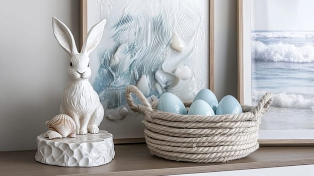 Enhance your coastal style Easter decor with a delightful Easter bunny and a basket of beautiful blue eggs surrounded by seashells, perfect for a beach house atmosphere.