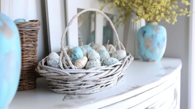 A wicker basket filled with beautifully decorated Easter eggs rests on a shabby chic surface, embodying coastal style and nautical themes.