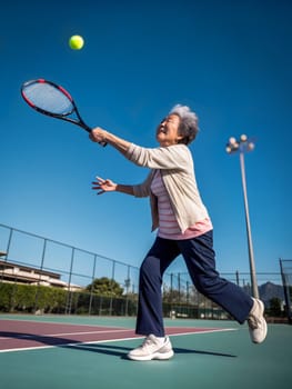 A chinese senior woman joyfully hits a tennis ball while playing at an outdoor court, enjoying the sun and the sport in the vibrant atmosphere. Generative AI.