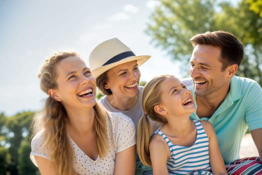 Four family members share laughter and happiness in a park on a sunny day during summer holidays, surrounded by greenery and blue skies while they create lasting memories - Generative AI.
