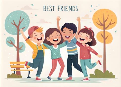 Four joyful children are laughing and embracing in a vibrant park surrounded by trees during autumn with bright foliage and a feeling of friendship - Best friends concept - Generative AI