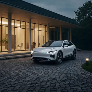 A white car is parked in the driveway of a modern house at dusk. Generative AI.