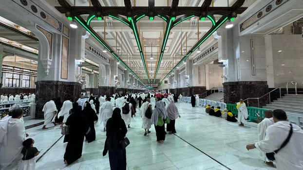 Mecca, Saudi Arabia, May 2 2024: Muslim pilgrims performing Sa'i between Safa and Marwa during Hajj and Umrah in Mecca. A sacred Islamic ritual retracing Hajar's journey, set between two hills near Masjid al-Haram.