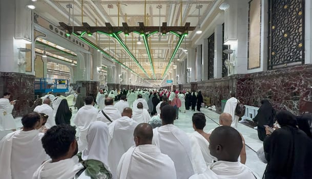Mecca, Saudi Arabia, May 2 2024: Muslim pilgrims performing Sa'i between Safa and Marwa during Hajj and Umrah in Mecca. A sacred Islamic ritual retracing Hajar's journey, set between two hills near Masjid al-Haram.