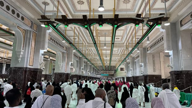 Mecca, Saudi Arabia, May 2 2024: Muslim pilgrims performing Sa'i between Safa and Marwa during Hajj and Umrah in Mecca. A sacred Islamic ritual retracing Hajar's journey, set between two hills near Masjid al-Haram.