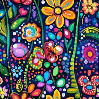 Colorful flowers and swirling leaves create a joyful, playful vibe, reminiscent of a lively summer day in nature's beauty.