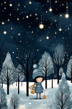 Cartoon illustration of a child holding a lantern in a snowy forest created with generative AI technology