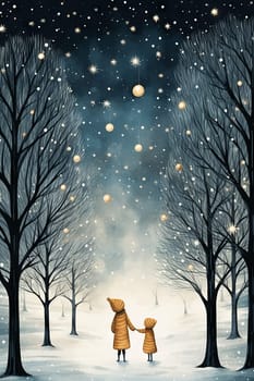 Painting of two kids holding hands in the snow created with generative AI technology