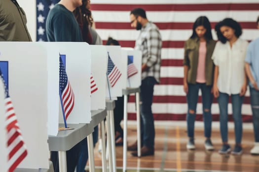 Residents patiently stand in line to cast their votes at a polling station adorned with American flags.