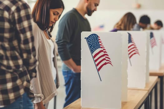 Residents patiently stand in line to cast their votes at a polling station adorned with American flags.