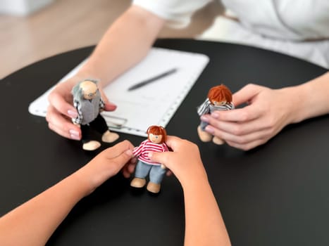 Child therapy session with puppet family interaction on table.