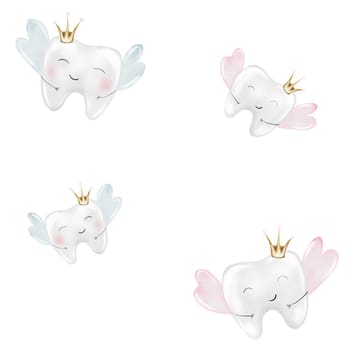 Baby tooth watercolor pattern. Cute cartoon molar with crown on isolated white background. Dental clip art. Ideal for cards and invitations to the party baby's first tooth, posters in the doctor's office. High quality illustration