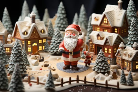 Miniature figurines of a Santa Claus,  gnomes and cute village created with a generative AI technology