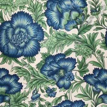 Seamless pattern tile of cotton fabrics with blue and green floral motif, created with generative AI