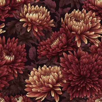 The burgundy chrysanthemum seamless pattern evokes a sense of timeless elegance and natural beauty. The intricate floral design is reminiscent of a vintage wallpaper, adding a touch of sophistication to any space. The deep, rich hues of burgundy and purple create a classic yet bold look, making this pattern a statement piece for any fabric or textile. Each blossom is meticulously illustrated, capturing the delicate details of the chrysanthemum flowers in full bloom.
