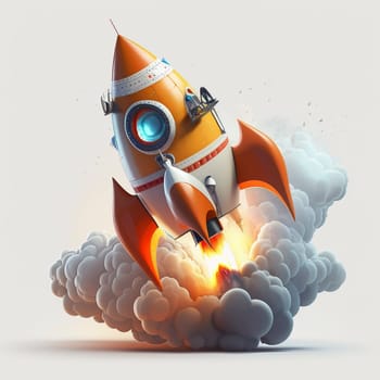 Cartoon style rocket take off in smoke on the white background, created with generative AI