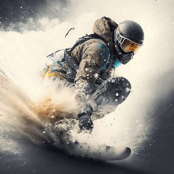 Snowboarder glides down the mountain, performing tricks and stunts in a thrilling display of skill and bravery, generative AI