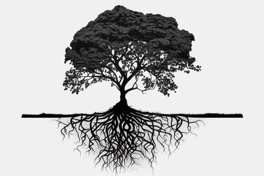 Stylized tree with roots concept on the white background, created with generative AI