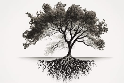 Stylized tree with roots concept on the white background, created with generative AI