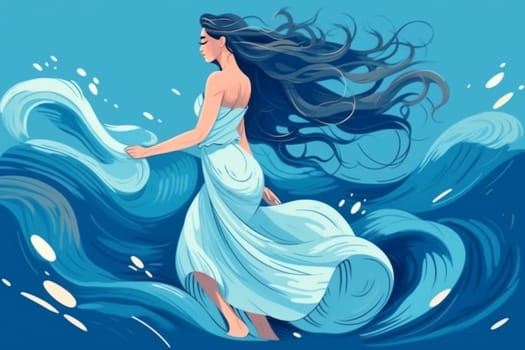 Illustration of woman with flowing hair dance in the blue ocean, created with generative AI