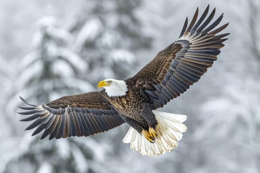 Essence of freedom, as a majestic bald eagle glides with outstretched wings against a soft, blurred backdrop of winter trees. created with generative AI technology