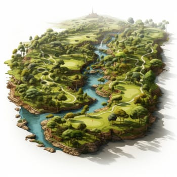 Isometric view at golf course with a river running through it created with generative AI technology