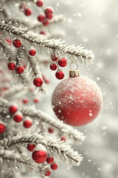 Vibrant red Christmas ornament dusted with snow becomes a focal point against the blurred backdrop of frosty pine needles and delicate snowflakes. created with generative AI technology