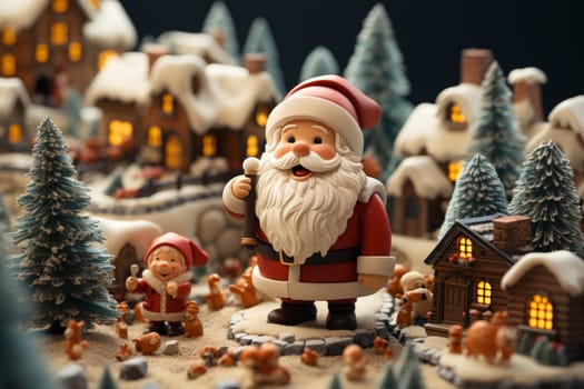 Miniature figurines of a Santa Claus,  gnomes and cute village created with a generative AI technology