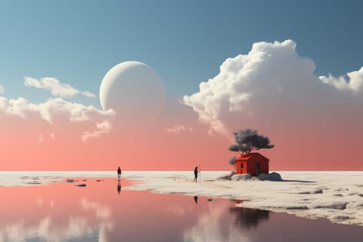 Person walking on a beach with a small house and a tree created with generative AI technology