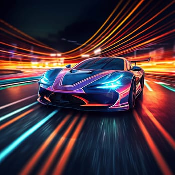 Speeding sport car on the neon highway, created with generative AI