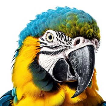 Blue and yellow macaw portrait isolated on the white background, created with generative AI