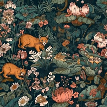 Maximalism style botanical and animals repeating seamless pattern, created with generative AI