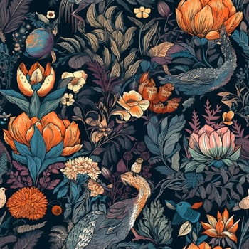 Maximalism style botanical and animals repeating seamless pattern, created with generative AI
