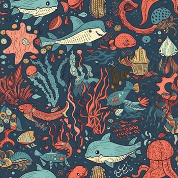 Sea life seamless pattern tile, created with generative AI