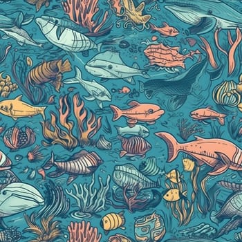 Sea life seamless pattern tile, created with generative AI