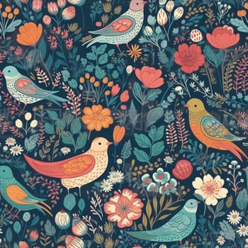Beautiful elegant flowers and birds seamless pattern tile, created with generative AI