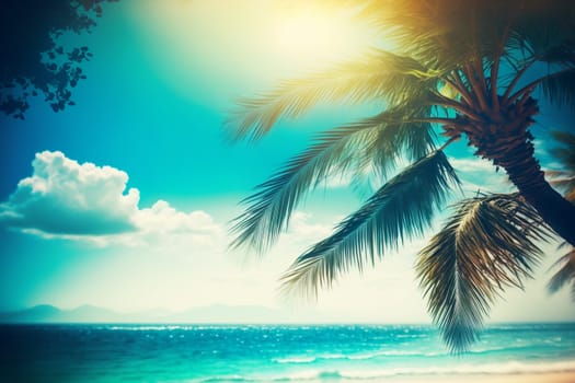 Seascape with palm on bright sunny day, created with generative AI