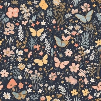 Beautiful elegant flowers and butterflies seamless pattern tile, created with generative AI