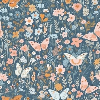 Beautiful elegant flowers and butterflies seamless pattern tile, created with generative AI