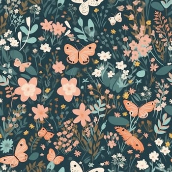 Beautiful elegant flowers and butterflies seamless pattern tile, created with generative AI