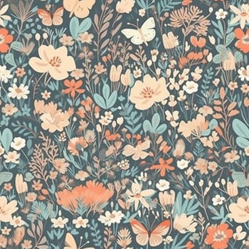 Beautiful elegant flowers and butterflies seamless pattern tile, created with generative AI