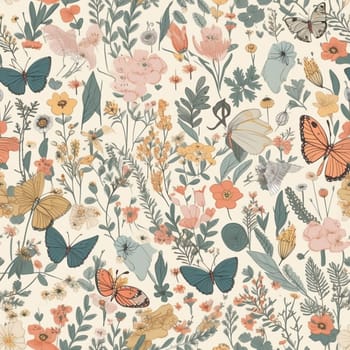Beautiful elegant flowers and butterflies seamless pattern tile, created with generative AI