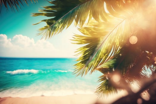 Seascape with palm on bright sunny day, created with generative AI